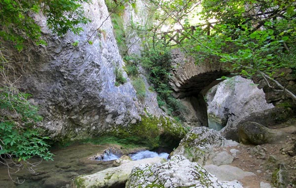 Puente histórico de piedra sobre río en Valdegobia